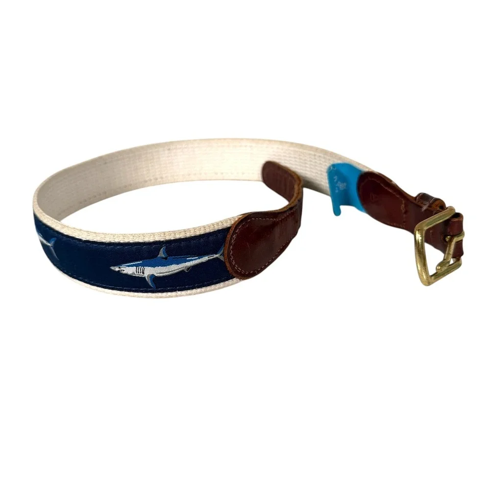 J. Bailey Boys Navy Shark Embroidered Canvas Leather Belt Size 20 Nautical Brass